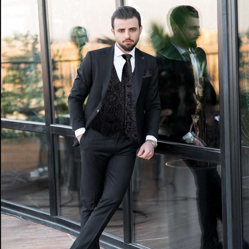 DiBanGu Black Formal Vest for Men Paisley Suit Vest and Tie Set with Hanky Cufflinks 4 Pcs Silk Waistcoat and Necktie Sets - Image 4